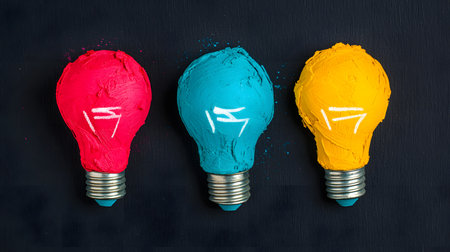 Three colorful lightbulbs, red, blue, and yellow, display textured paint. The dark background suggests depth, invoking an atmosphere of creativity and potential. Paint splatters add dynamism.の素材