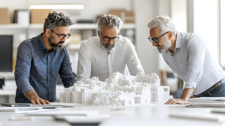 Three focused designers with gray hair analyze a detailed architectural model on a white table. The softly lit background creates a professional and collaborative atmosphere.の素材