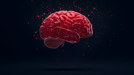 A semi-transparent red brain hovers amid vibrant droplets, symbolizing emotions and thoughts. The dark background enhances the vividness, creating a striking focal point of cognitive identity.の素材