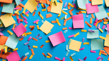 A colorful array of sticky notes scattered across a bright blue background, giving a cheerful vibe. The arrangement evokes creativity with vibrant colors and a playful atmosphere.の素材