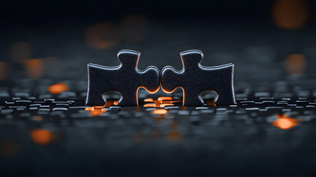 Two shiny, black puzzle pieces connect amid a blurred, dark background with soft orange glows, symbolizing unity and creativity in problem-solving, evoking inspiration and innovation.の素材