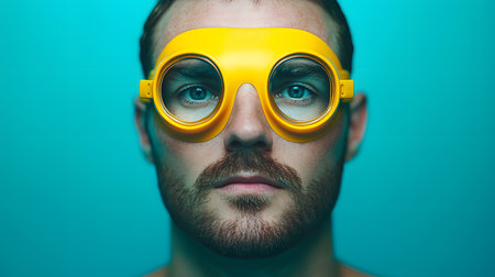A focused male swimmer wears large yellow AR goggles, set against a vibrant turquoise backdrop. His intense gaze suggests curiosity and depth of experience in spatial challenges.の素材