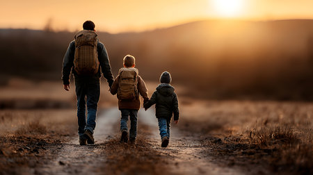A father and two children walk hand in hand along a dirt path, surrounded by soft grass and illuminated by a warm sunset glow, creating a joyful and serene atmosphere.の素材