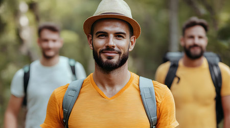 A group of three men with backpacks appears in a lush green forest. The lead man smiles confidently, embodying a joyful and adventurous spirit. Background is vibrant with greenery.の素材