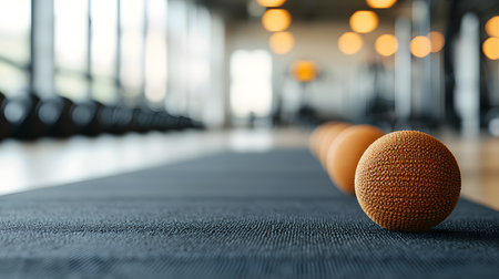 An assortment of textured orange exercise balls lies on a black mat, symbolizing gym readiness. The blurred background shows weights, creating a motivational workout atmosphere.の素材