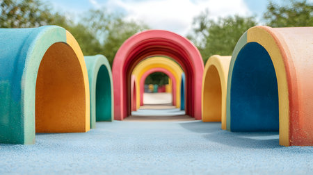 A vibrant playground with colorful arches creates an inviting atmosphere filled with joy. The background appears clear, emphasizing the playful colors and inviting design.の素材