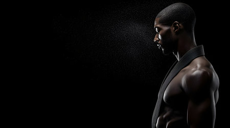 A muscular martial artist in profile, exhaling with precision, water droplets glistening in the air, black background emphasizes his power and focus, creating an intense atmosphere.の素材