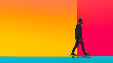 A skater glides confidently on a vibrant turquoise floor with a striking orange and pink background.の素材