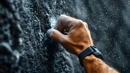 A close-up of a climber's hand gripping a rocky surface, surrounded by playful chalk dust, revealing intensity and focus. The background features textured rock, adding depth.の素材