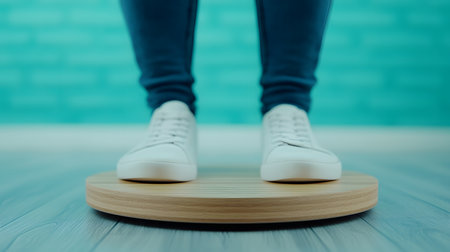 A person is balancing on a wooden wobble board while wearing white sneakers, showcasing effort and focus. The background features a solid turquoise color, creating a calm atmosphere.の素材