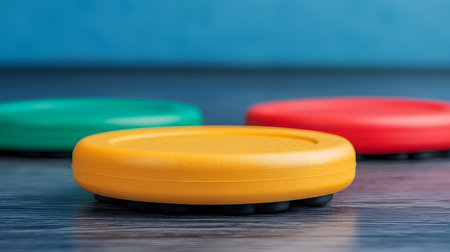 Colorful wobble toys in yellow, green, and red are arranged on a smooth surface, emphasizing playful engagement. The background is solid, creating an energetic atmosphere of fun learning.の素材