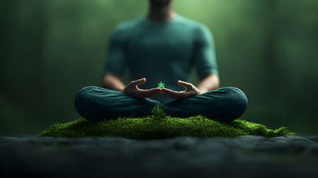 A person, seated cross-legged on vibrant green moss, meditates deeply while holding a small puzzle piece. The serene forest surroundings amplify the calm atmosphere and focus.の素材