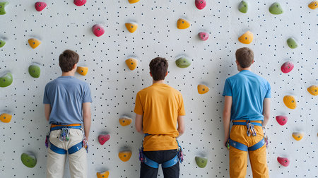 In a lively indoor climbing gym, three young climbers concentrate on their routes on a colorful wall. Their harnesses and focused stances reflect dedication in this active environment.の素材