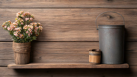A charming display features a pot of artificial flowers in pink hues, a metal bucket, and a wooden jar. The rustic shelf and wooden wall add a warm, inviting atmosphere.の素材