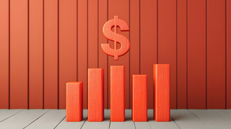 A vibrant orange bar graph rises prominently with a dollar symbol hovering above. The background is solid, creating a sense of financial optimism. The atmosphere feels encouraging.の素材