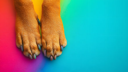 A dog's paws are dipped in paint, leaving colorful prints on a vibrant background. The atmosphere is playful and artistic. The background features a smooth gradient of colors.の素材