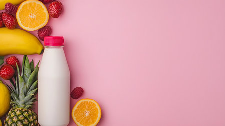 An enticing composition featuring a bottle of creamy drink surrounded by colorful fruits on a pink background. The atmosphere is fresh, evoking a sense of vitality and joy.の素材