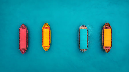 The image showcases four cargo vessels in bold colors. Set against a turquoise sea, they float calmly, creating a lively maritime atmosphere with clear visibility and structure.の素材