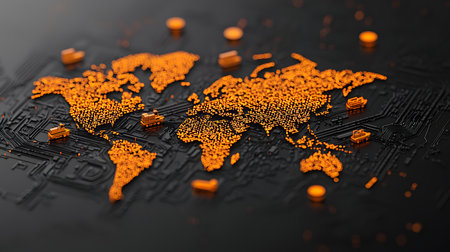 This image features a vibrant map of the world highlighted with orange cargo routes and shipping icons. The backdrop appears solid and emphasizes connectivity and commerce.の素材