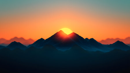 A stunning sunrise paints the sky while illuminating a mountain range, showcasing geometric patterns. The atmosphere conveys tranquility, inviting viewers to admire nature's beauty.の素材