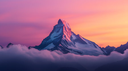 A magnificent mountain peak rises prominently, bathed in golden light during sunset, with clouds gently swirling below, creating an ethereal and serene atmosphere.の素材