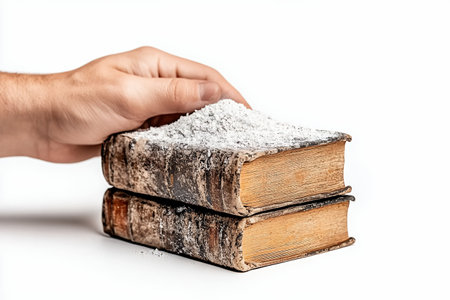 Two antique books, aged and covered in a layer of white dust or powder, are presented on a plain white background. A hand gently rests over the books, emphasizing their fragility and antiquity. The books' brown and beige covers display signs of time and wear, creating a sense of historical weight and dust. The lighting is even and bright, highlighting the books and the hand clearly.の素材
