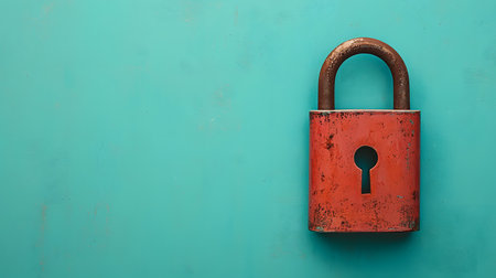 This striking image features a rustic red padlock against a bright turquoise background, symbolizing security. The atmosphere is bold and vibrant, evoking a sense of protection.の素材