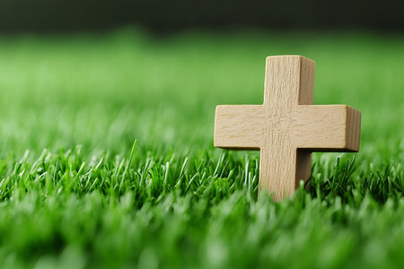 A light beige wooden cross sits atop a vibrant green grassy field, with a shallow depth of field highlighting the cross. The grass is in focus, while the background is softly blurred, creating a peaceful and serene atmosphere. The lighting is well balanced, casting no harsh shadows.の素材