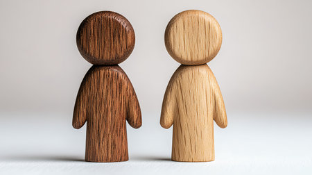 Two wooden figurines, one dark brown and one light beige, positioned back to back against a light gray background. Simple, minimalist design. Focus on the contrasting colors and textures.の素材