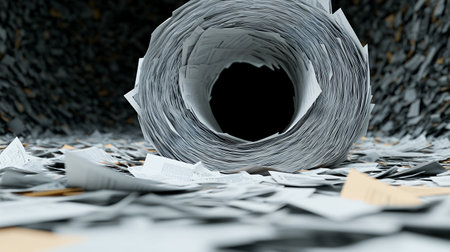 A large roll of printed papers, seemingly documents, sits centrally amidst a vast quantity of scattered papers of various shades of gray, white, and tan on the floor, creating a dark, cavernous, abstract scene with a central void. The lighting is dramatic, drawing attention to the roll of papers and highlighting the surrounding chaos of papers.の素材