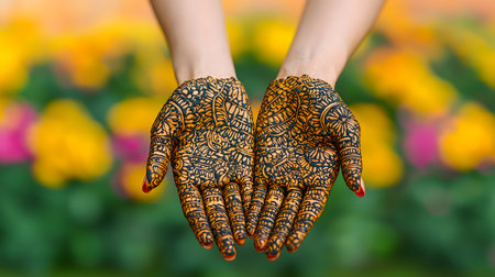 This captivating image showcases hands adorned with intricate henna designs, set against a colorful, blurred floral background, evoking warmth and cultural celebration.の素材