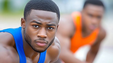 Focused young athlete in blue top, preparing for a race, outdoor setting with blurred background of other runners in orange. Close up portrait.の素材