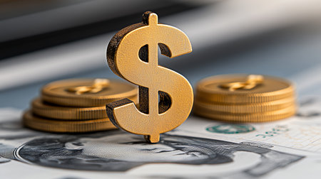 Close up view of golden dollar symbol, with stacks of gold coins in the foreground, and a blurred image of paper money in the background.の素材