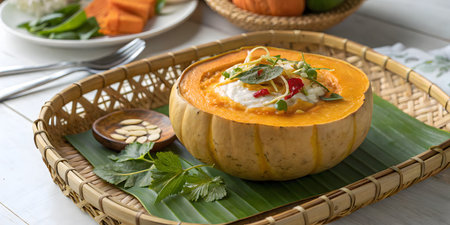 A creamy pumpkin soup elegantly presented inside a hollowed-out pumpkin. Garnished with fresh herbs and spices. The pumpkin sits on a banana leaf in a woven basket. The background is blurred, showing cutlery and other food items. The overall atmosphere is warm and inviting.の素材
