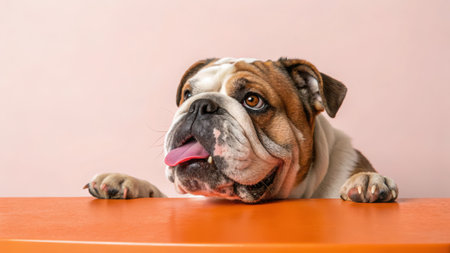 english bulldog lying on the table with pink background, studio shotの素材
