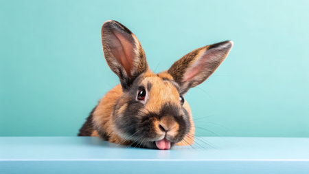 A brown and black harlequin rabbit rests on a pale blue surface, tongue sticking out. Its large ears are up. The background is a solid light teal. The rabbit appears playful and happy. The scene is simple and clean, creating a cheerful atmosphere. No people are present.の素材