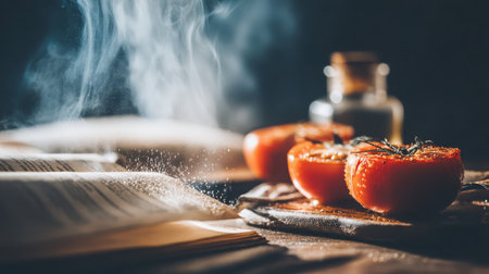 A warm and inviting scene featuring cooked tomatoes resting on a rustic wooden surface, with steam rising and an open book in the blurred background.の素材