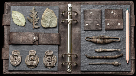 This captivating image features a vintage craft display showcasing natural elements like leaves and antique artifacts arranged in a leather binder, ideal for design inspiration.の素材