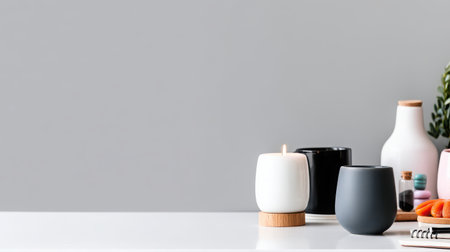 A serene and minimalistic showcase of candles and decorative elements on a white table, perfect for creating a calming atmosphere in any space.の素材