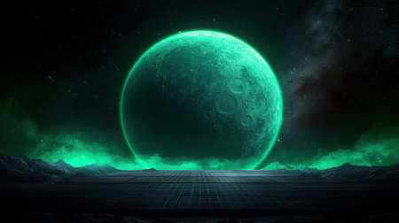 This stunning digital artwork features an ethereal green moon illuminating a tranquil landscape, creating a surreal cosmic atmosphere. Perfect for fantasy themes.の素材