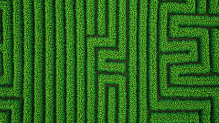 Captivating aerial view of a lush green maze, featuring vibrant leaves arranged in intricate patterns, symbolizing growth and tranquility in nature.の素材