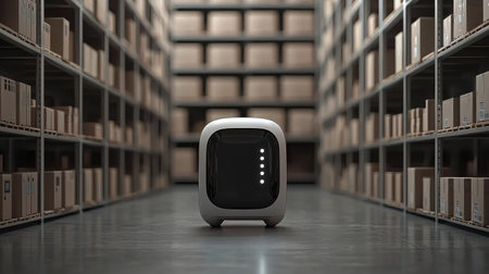 A sleek delivery robot moves through a contemporary warehouse, showcasing advanced technology and efficient logistics solutions in a modern space.の素材
