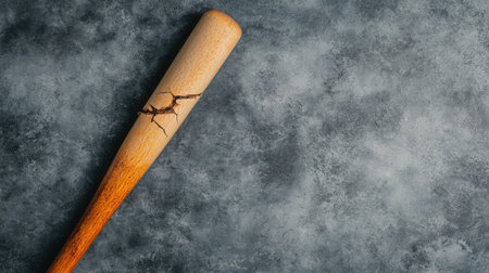 A detailed view of a cracked wooden baseball bat resting on a dark textured surface, ideal for sports-themed designs or promotional material in athletic contexts.の素材