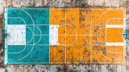 A vibrant aerial view of a worn basketball court showcasing distinct blue and orange sections. The texture tells a story of outdoor play and community spirit.の素材