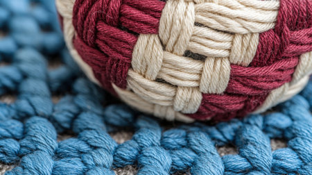Intricate close-up of a decorative woven ball resting on a textured fabric. This image highlights the vibrant colors and unique patterns, perfect for crafts and design inspiration.の素材