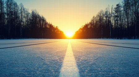 A breathtaking winter sunrise illuminates a snowy road, framed by trees, creating a serene atmosphere that invites exploration and reflection.の素材