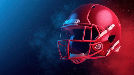 A striking red football helmet stands isolated against a captivating starry background of blue and red hues, symbolizing sports spirit and creativity.の素材