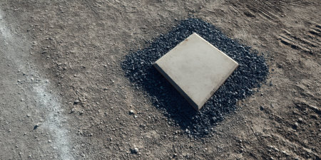 A striking stone tablet stands alone on a bed of dark gravel, creating a minimalist effect against the earthy backdrop, perfect for design projects.の素材