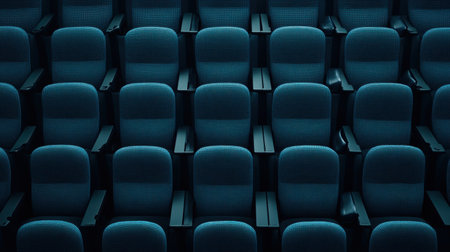 This image showcases a captivating view of empty theater seats illuminated in blue light, ideal for projects focused on modern interiors and entertainment spaces.の素材