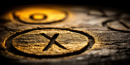 Detailed close-up image of carved symbols on wood, illuminated by warm light. Ideal for artistic projects, educational materials, or rustic decor concepts.の素材